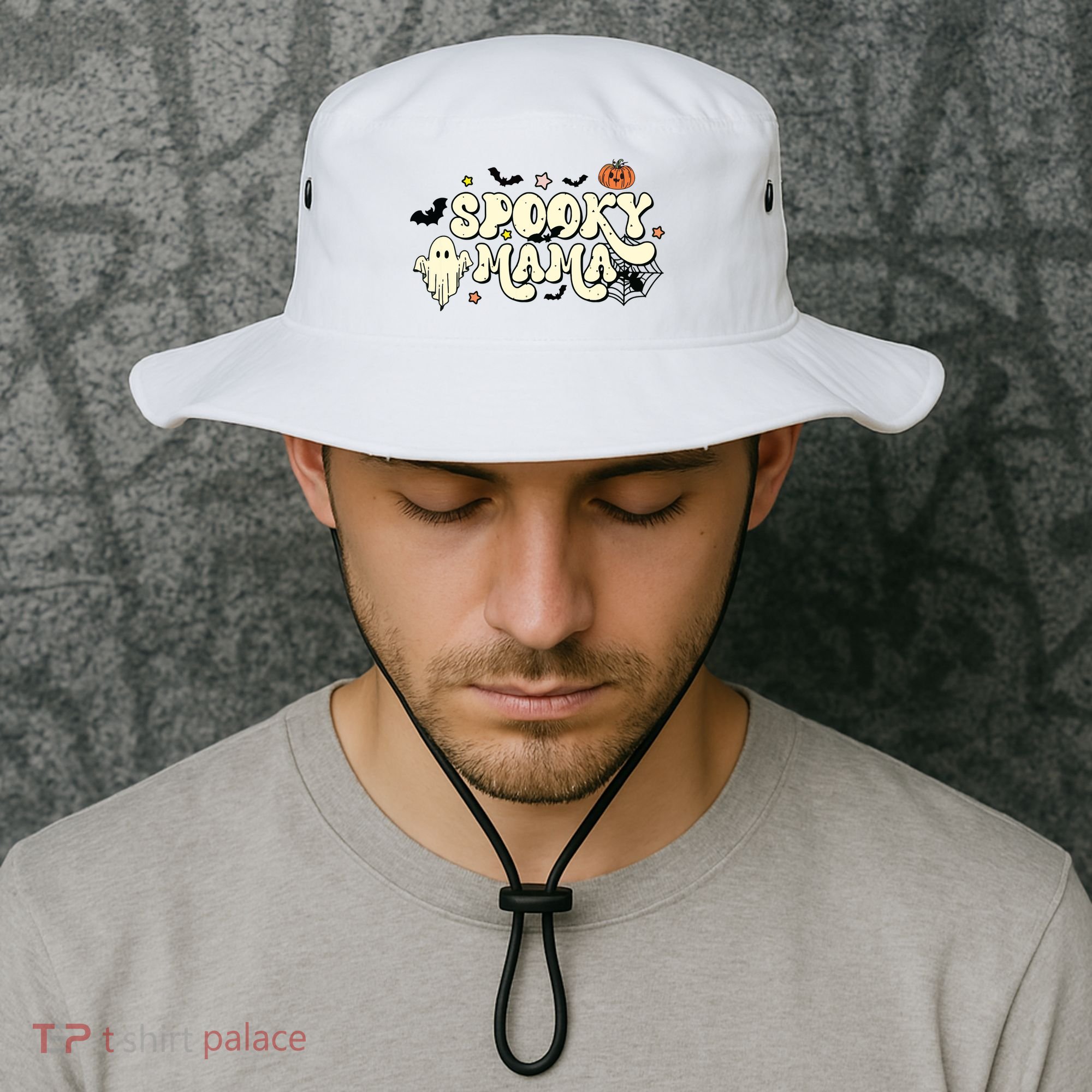 Spooky Mama Groovy Ghost Bat Pumpkin Creepy Retro Halloween Bucket Hat