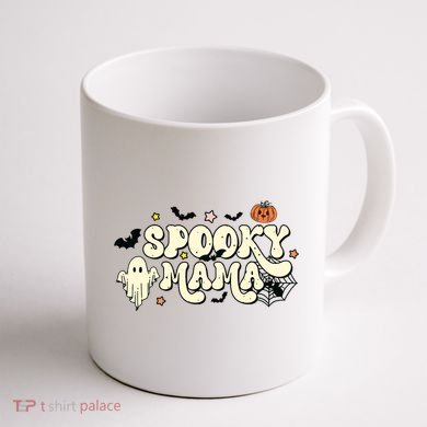 Spooky Mama Groovy Ghost Bat Pumpkin Creepy Retro Halloween Coffee Mug back