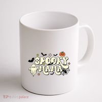 Spooky Mama Groovy Ghost Bat Pumpkin Creepy Retro Halloween Coffee Mug thumb 1