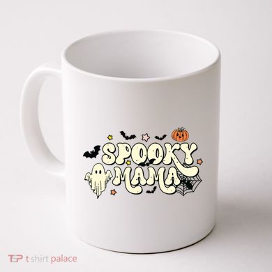 Spooky Mama Groovy Ghost Bat Pumpkin Creepy Retro Halloween Coffee Mug