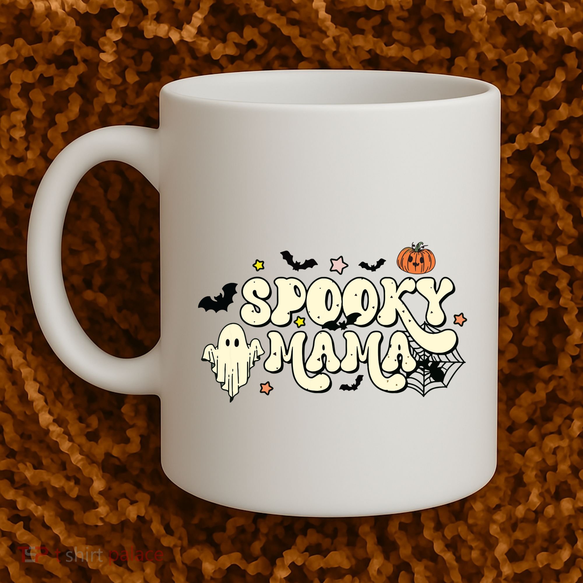 Spooky Mama Groovy Ghost Bat Pumpkin Creepy Retro Halloween Coffee Mug