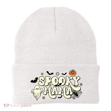 Spooky Mama Groovy Ghost Bat Pumpkin Creepy Retro Halloween Beanie