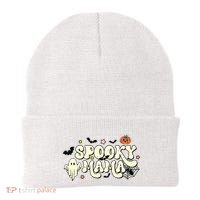 Spooky Mama Groovy Ghost Bat Pumpkin Creepy Retro Halloween Beanie thumb 0