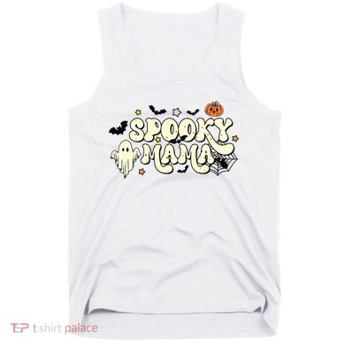 Spooky Mama Groovy Ghost Bat Pumpkin Creepy Retro Halloween Tank Top