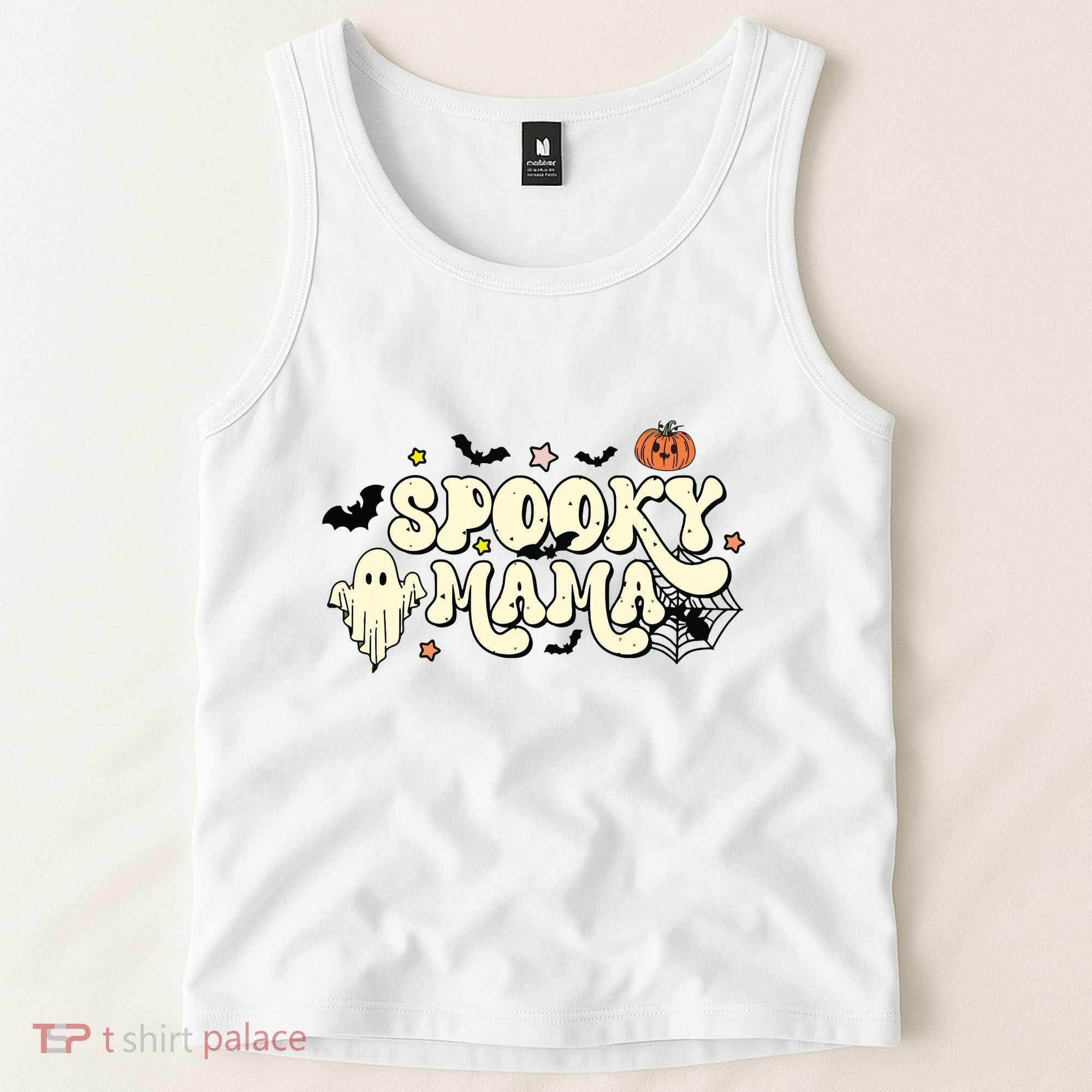 Spooky Mama Groovy Ghost Bat Pumpkin Creepy Retro Halloween Tank Top