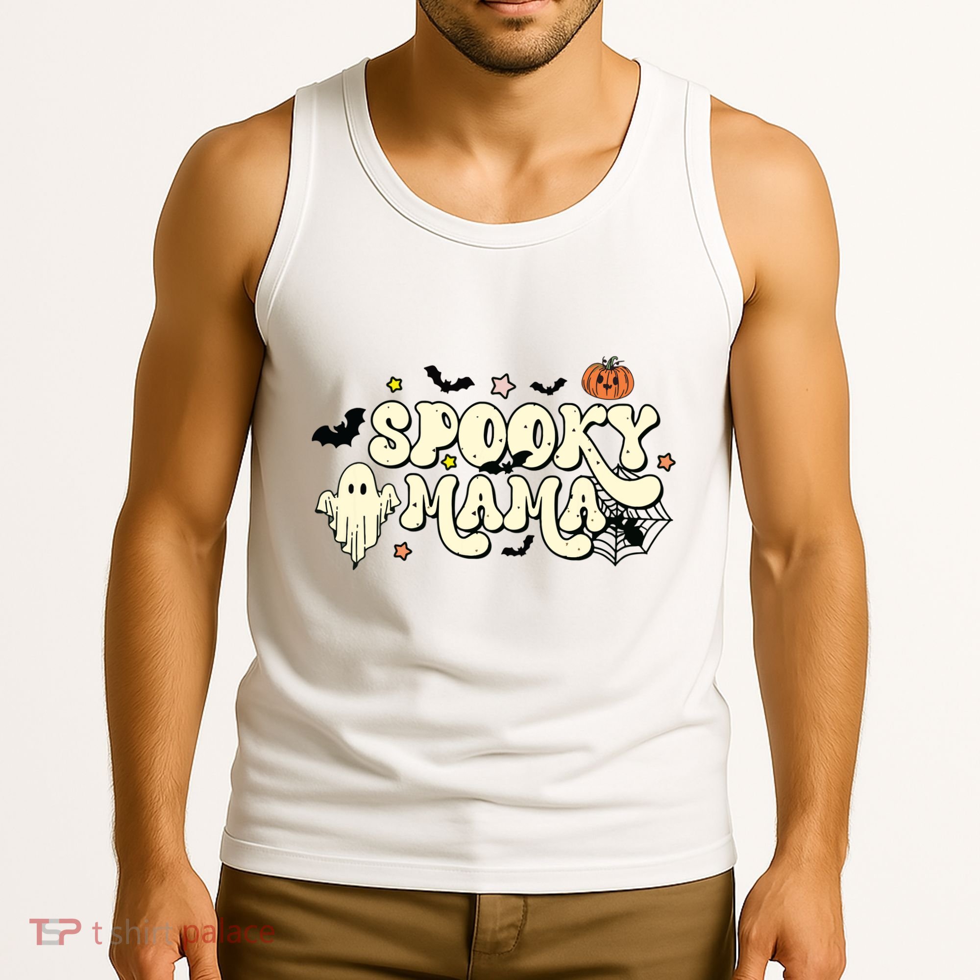 Spooky Mama Groovy Ghost Bat Pumpkin Creepy Retro Halloween Tank Top