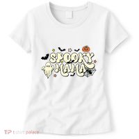 Spooky Mama Groovy Ghost Bat Pumpkin Creepy Retro Halloween Women's T-Shirt thumb 0