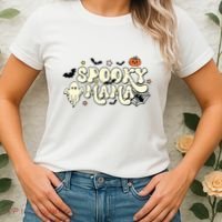 Spooky Mama Groovy Ghost Bat Pumpkin Creepy Retro Halloween Women's T-Shirt thumb 2