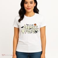 Spooky Mama Groovy Ghost Bat Pumpkin Creepy Retro Halloween Women's T-Shirt thumb 4