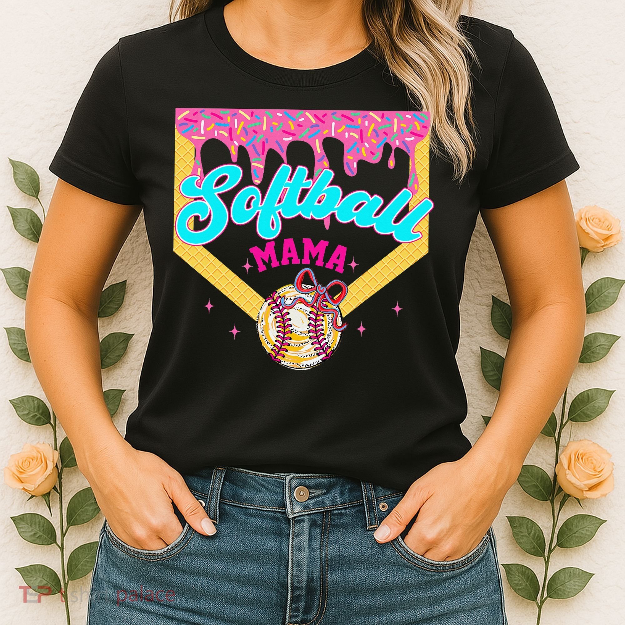 Softball Mama Ice Cream Drip Cheer Mom Game Day Mothers Day Women's T-Shirt