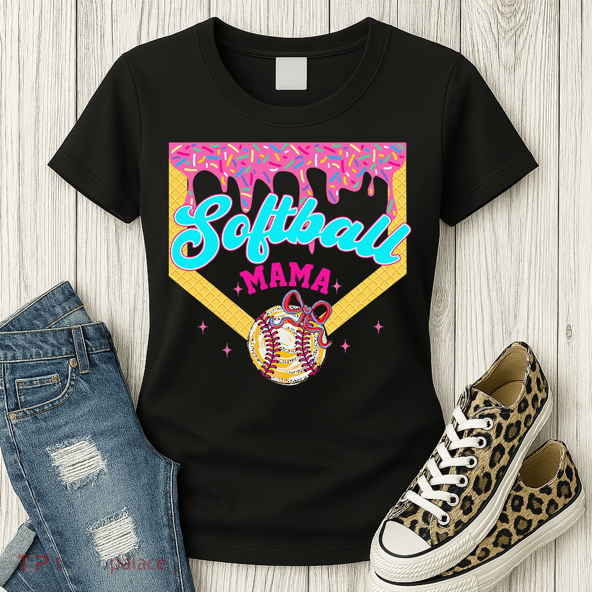 Softball Mama Ice Cream Drip Cheer Mom Game Day Mothers Day Women's T-Shirt