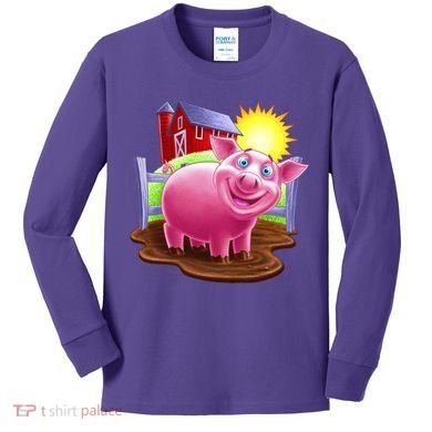 Smiling Farm Pig Kids Long Sleeve Shirt
