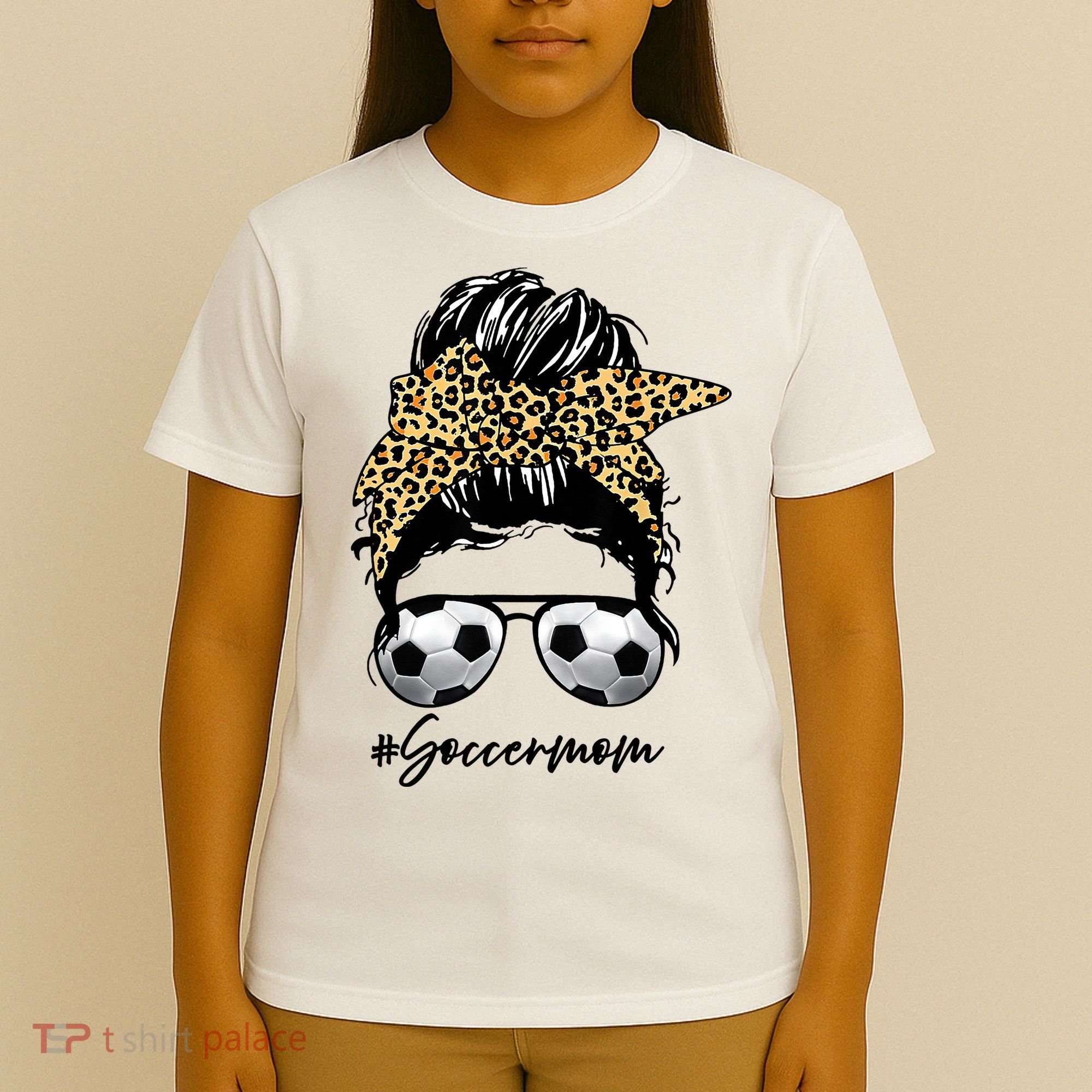 Soccer Mom Leopard Messy Bun Football Hair Game Day Vibes T-Shirt