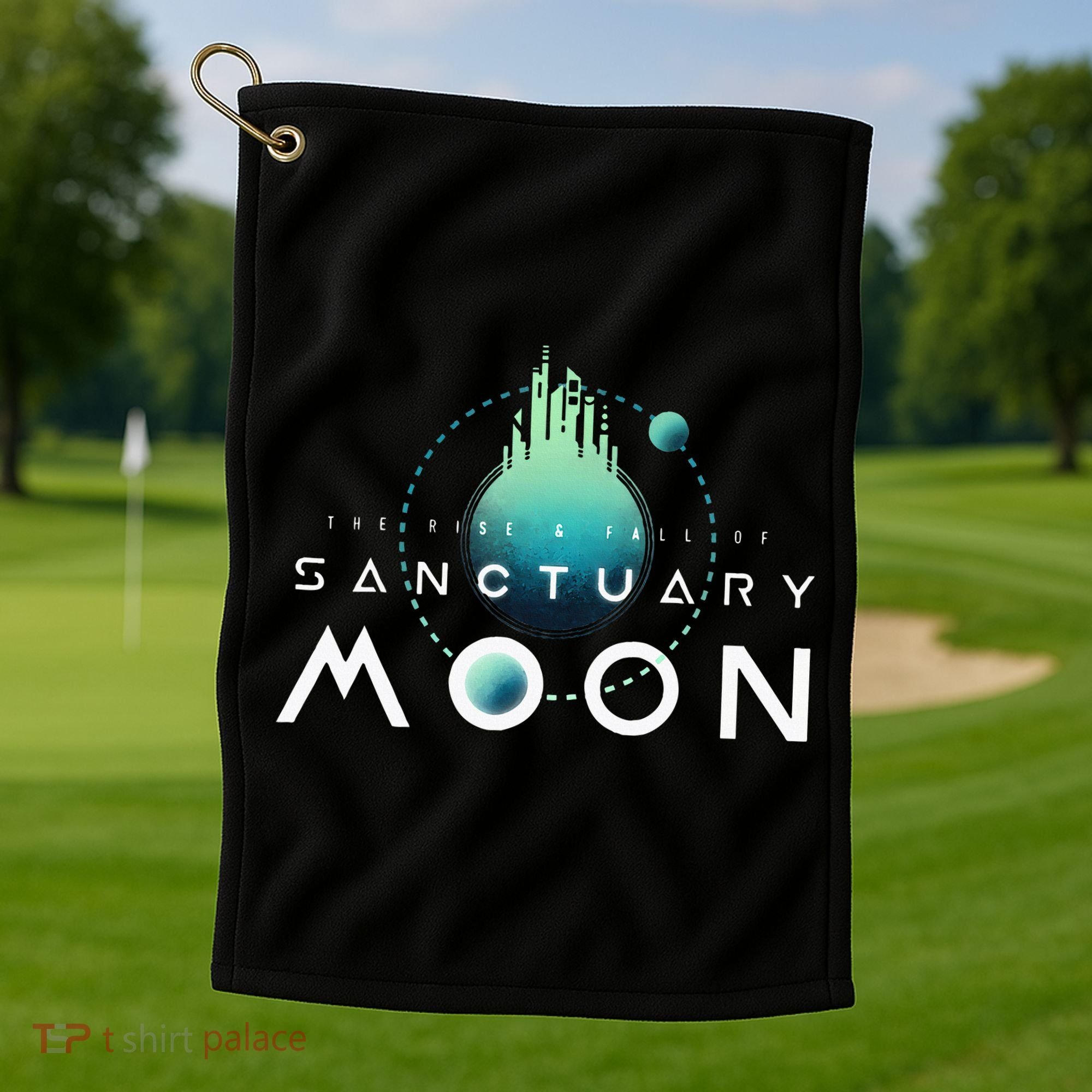 Sanctuary Moon Murderbot Funny Moon Space Science Fiction Golf Towel