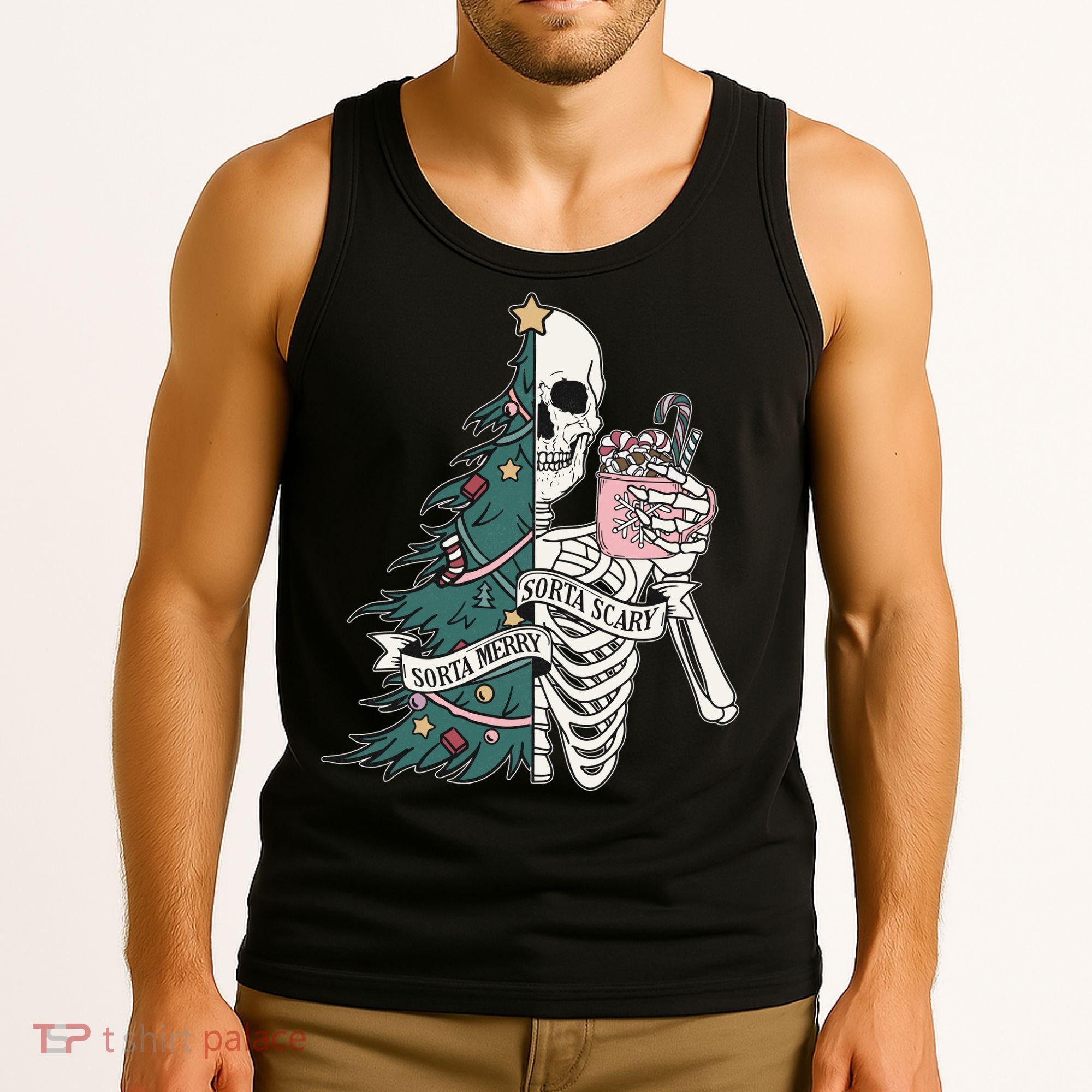 Sorta Merry Sorta Scary Funny Halloween Christmas Skeleton Tank Top