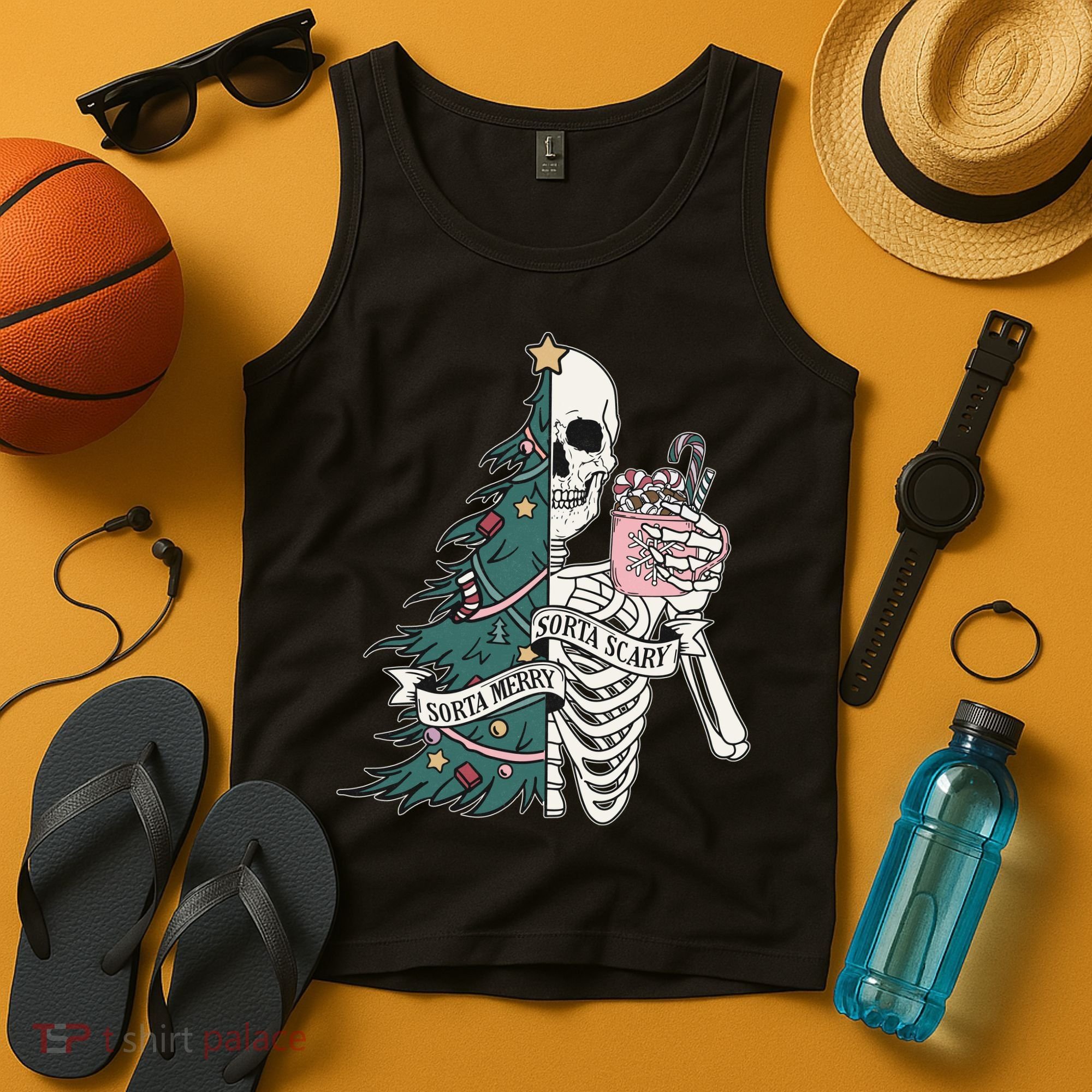 Sorta Merry Sorta Scary Funny Halloween Christmas Skeleton Tank Top