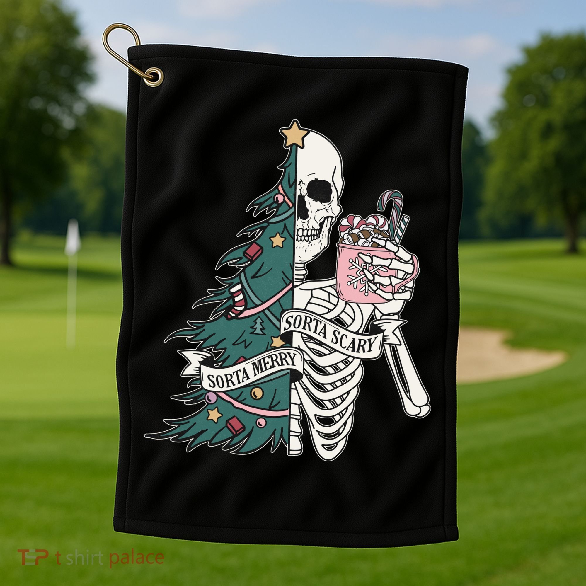 Sorta Merry Sorta Scary Funny Halloween Christmas Skeleton Golf Towel