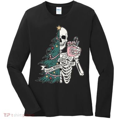 Sorta Merry Sorta Scary Funny Halloween Christmas Skeleton Women's Long Sleeve Shirt