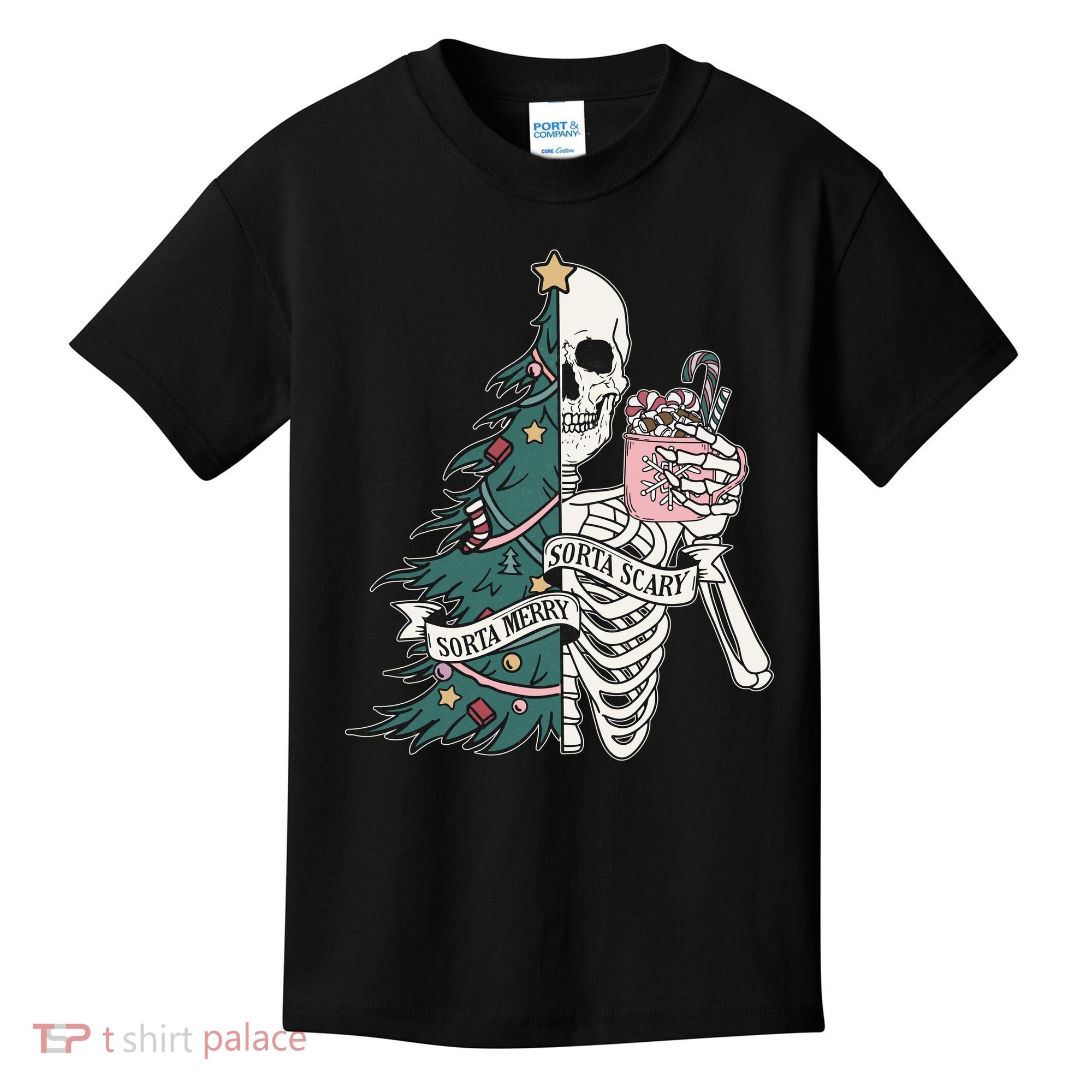 Sorta Merry Sorta Scary Funny Halloween Christmas Skeleton Kids T-Shirt