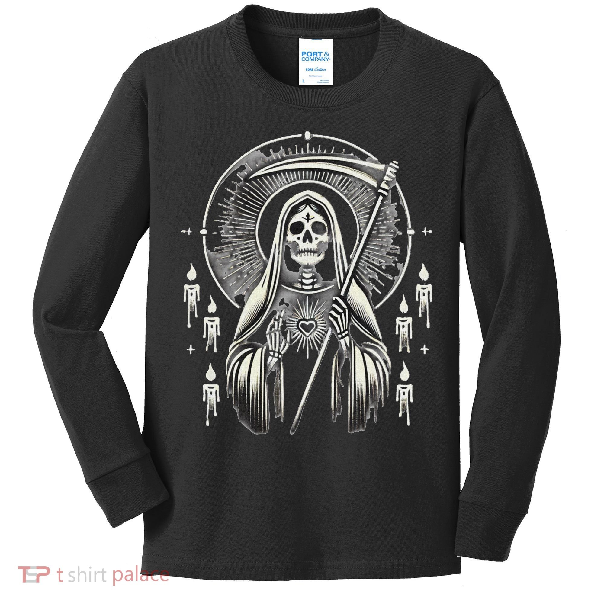 Santa Muerte Sacred Art – Mystical Skeleton With Scythe Kids Long Sleeve Shirt