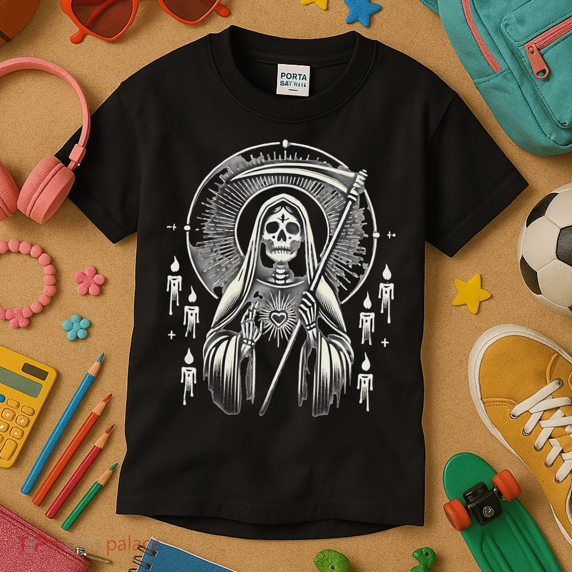 Santa Muerte Sacred Art – Mystical Skeleton With Scythe Kids T-Shirt