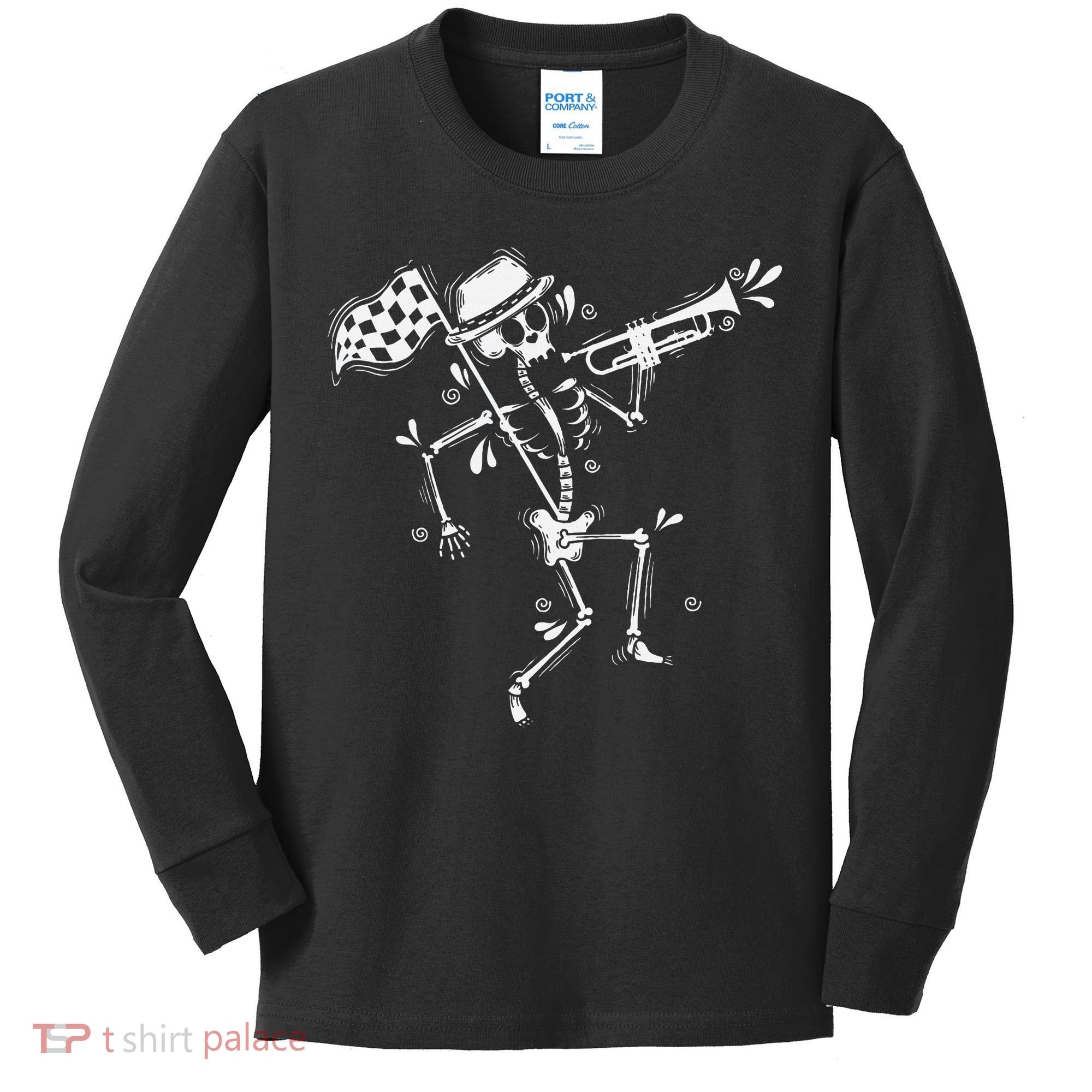 Ska Music Skeleton With Trumpet Jazz Music Style Kids Long Sleeve Shirt