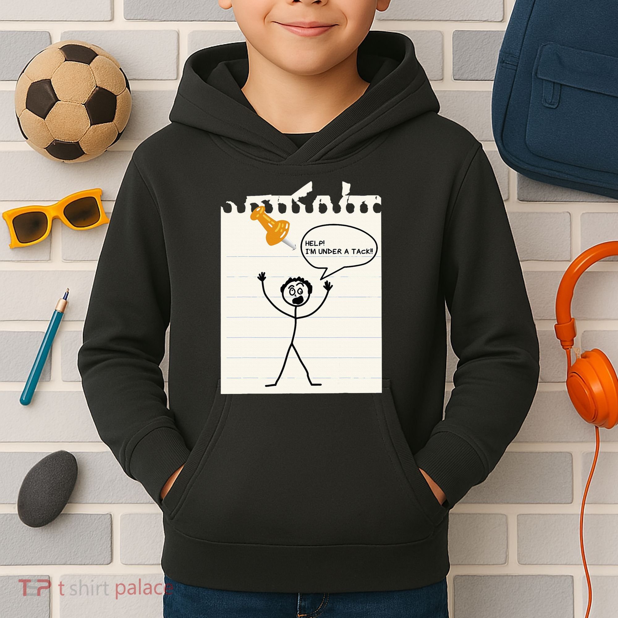 Stick Man Silly Stuff Black Short Sleeve Stick Figure Under A Tack Kids Hoodie