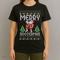 Soccer Merry Soccermas Ugly Christmas Sweater Santa Claus T-Shirt thumb 4