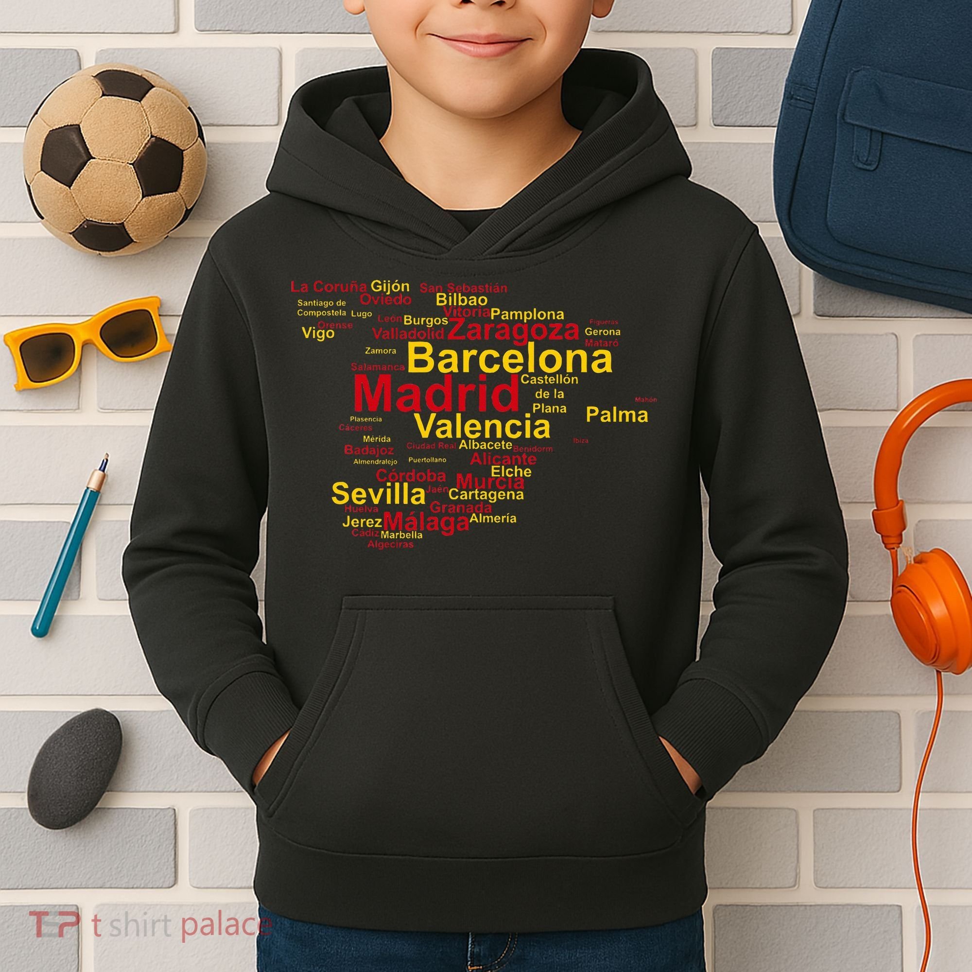Spain Map Silhouette Towns Cities Madrid Travel Espana Kids Hoodie