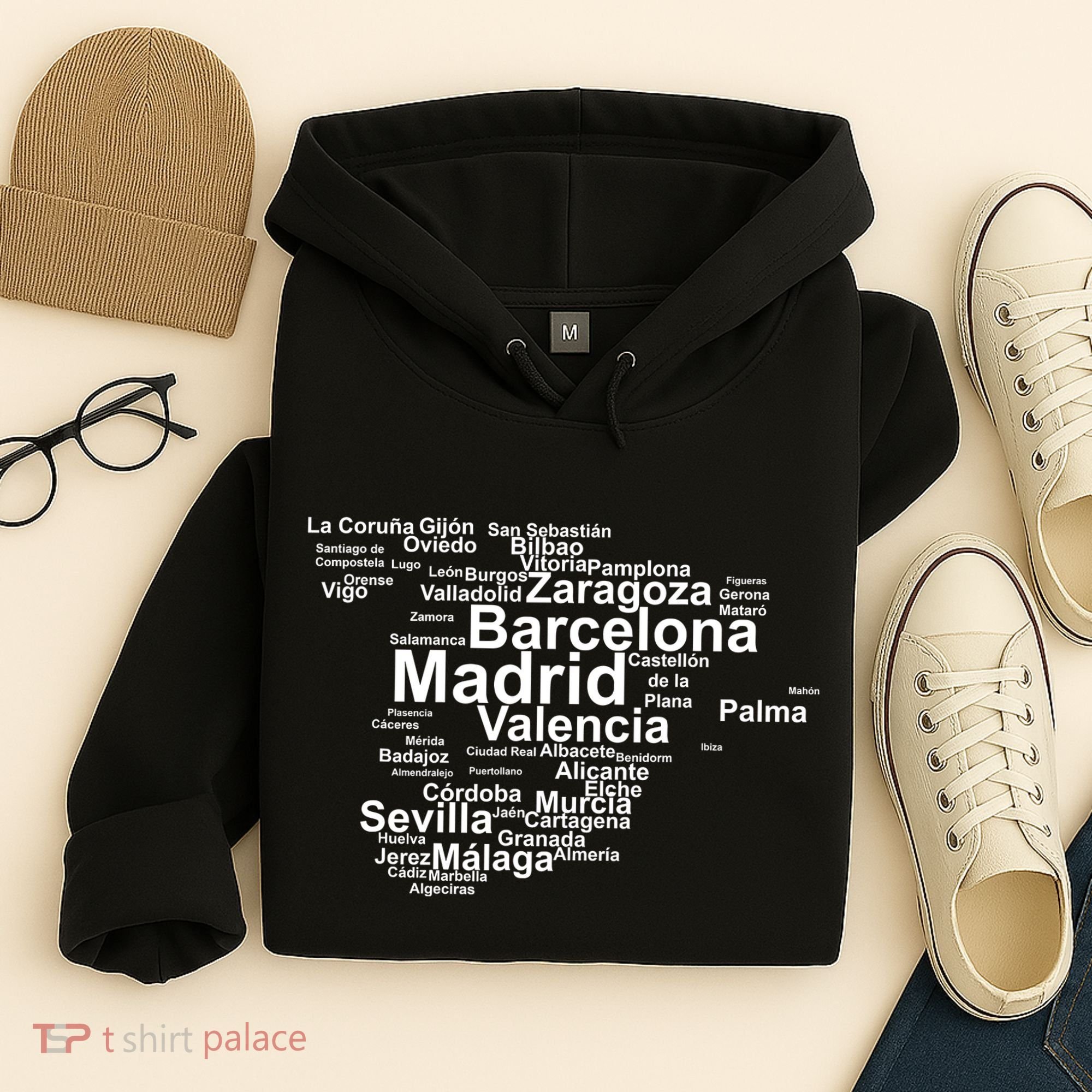Spain Map Silhouette Towns Cities Madrid Travel Espana Hoodie