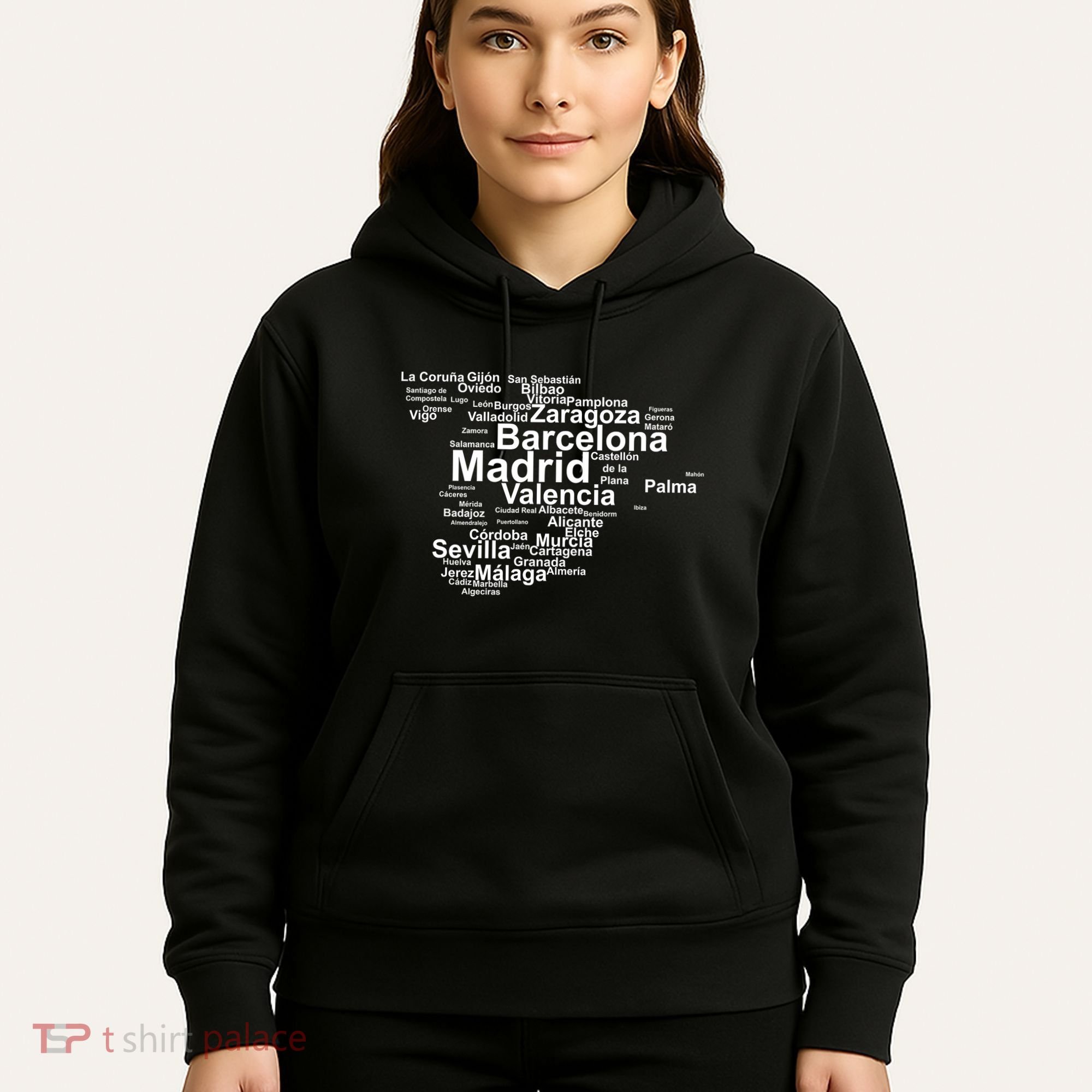 Spain Map Silhouette Towns Cities Madrid Travel Espana Hoodie