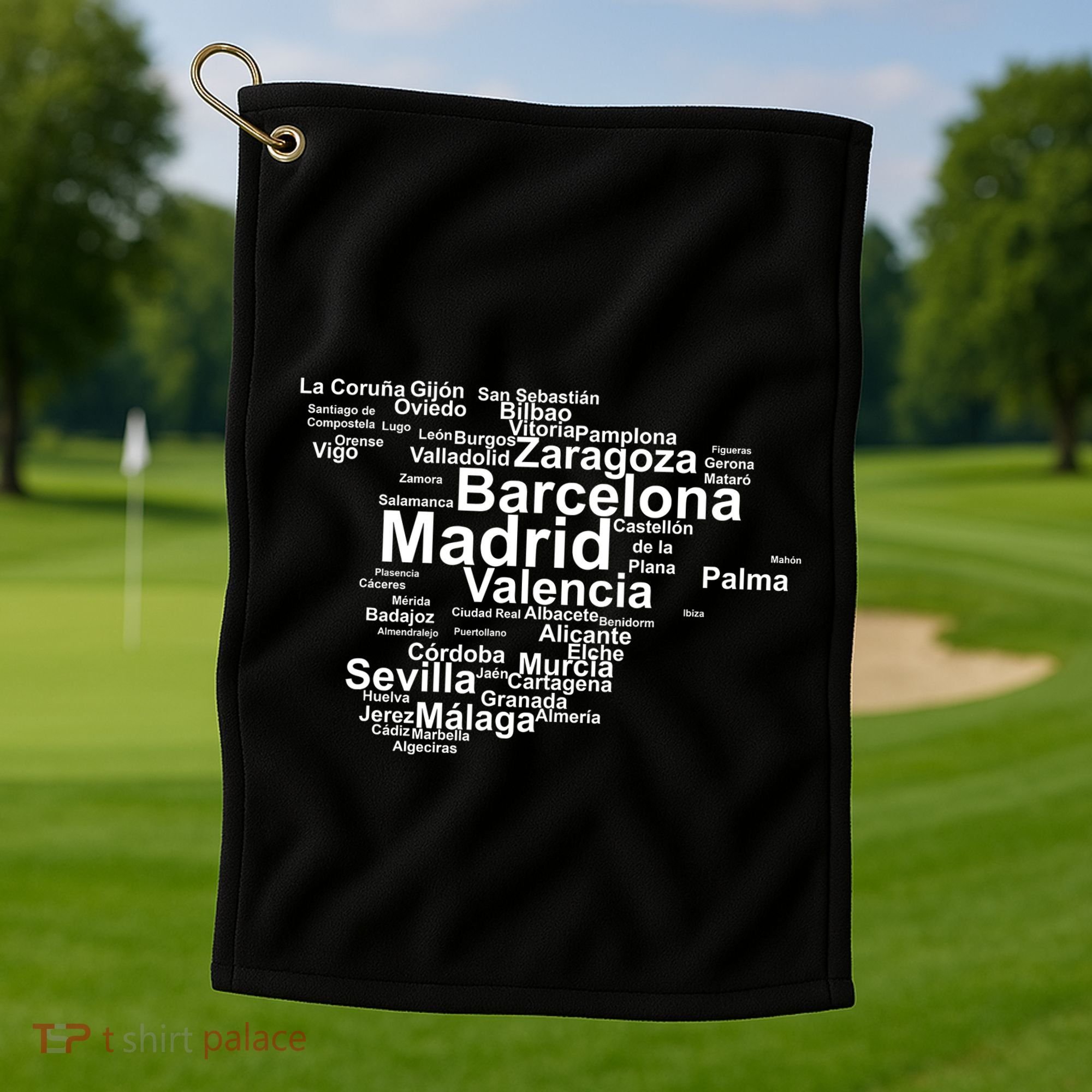 Spain Map Silhouette Towns Cities Madrid Travel Espana Golf Towel