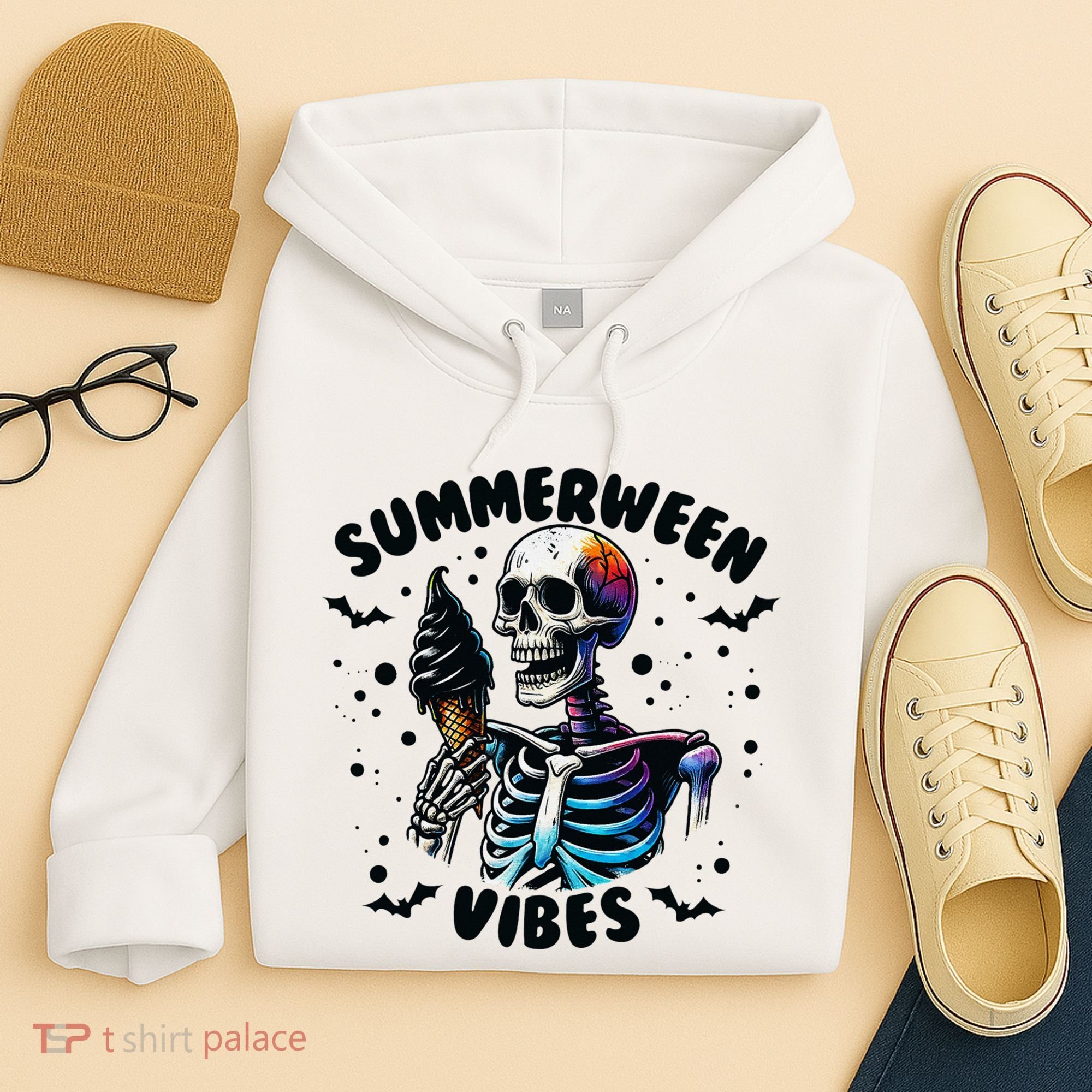Summerween Magic Skeleton Enjoying Ice Cream Delight Hoodie