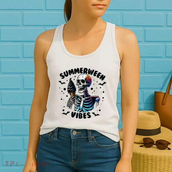 Summerween Magic Skeleton Enjoying Ice Cream Delight Women's Tank Top