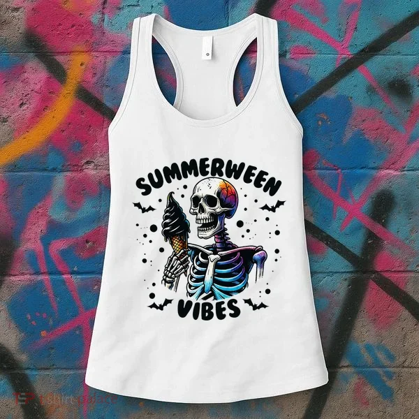 Summerween Magic Skeleton Enjoying Ice Cream Delight Women's Tank Top