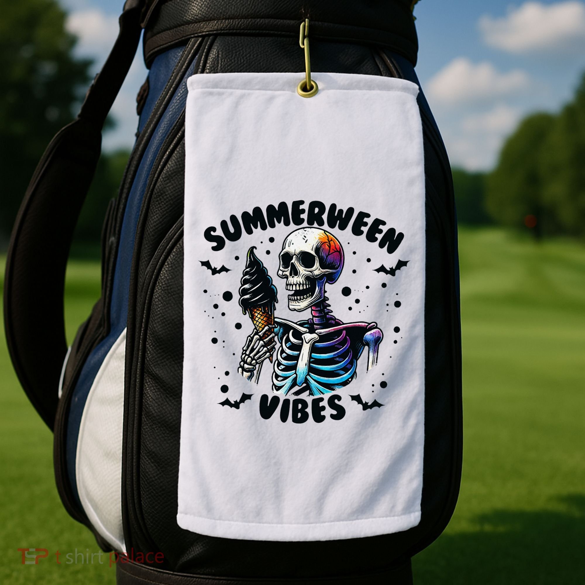 Summerween Magic Skeleton Enjoying Ice Cream Delight Golf Towel