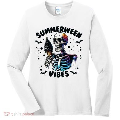Summerween Magic Skeleton Enjoying Ice Cream Delight Women's Long Sleeve Shirt