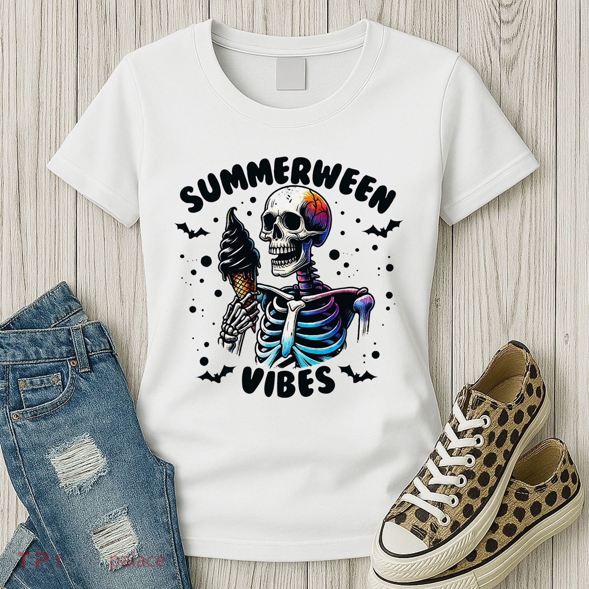Summerween Magic Skeleton Enjoying Ice Cream Delight Women's T-Shirt