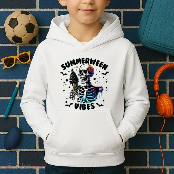 Summerween Magic Skeleton Enjoying Ice Cream Delight Kids Hoodie