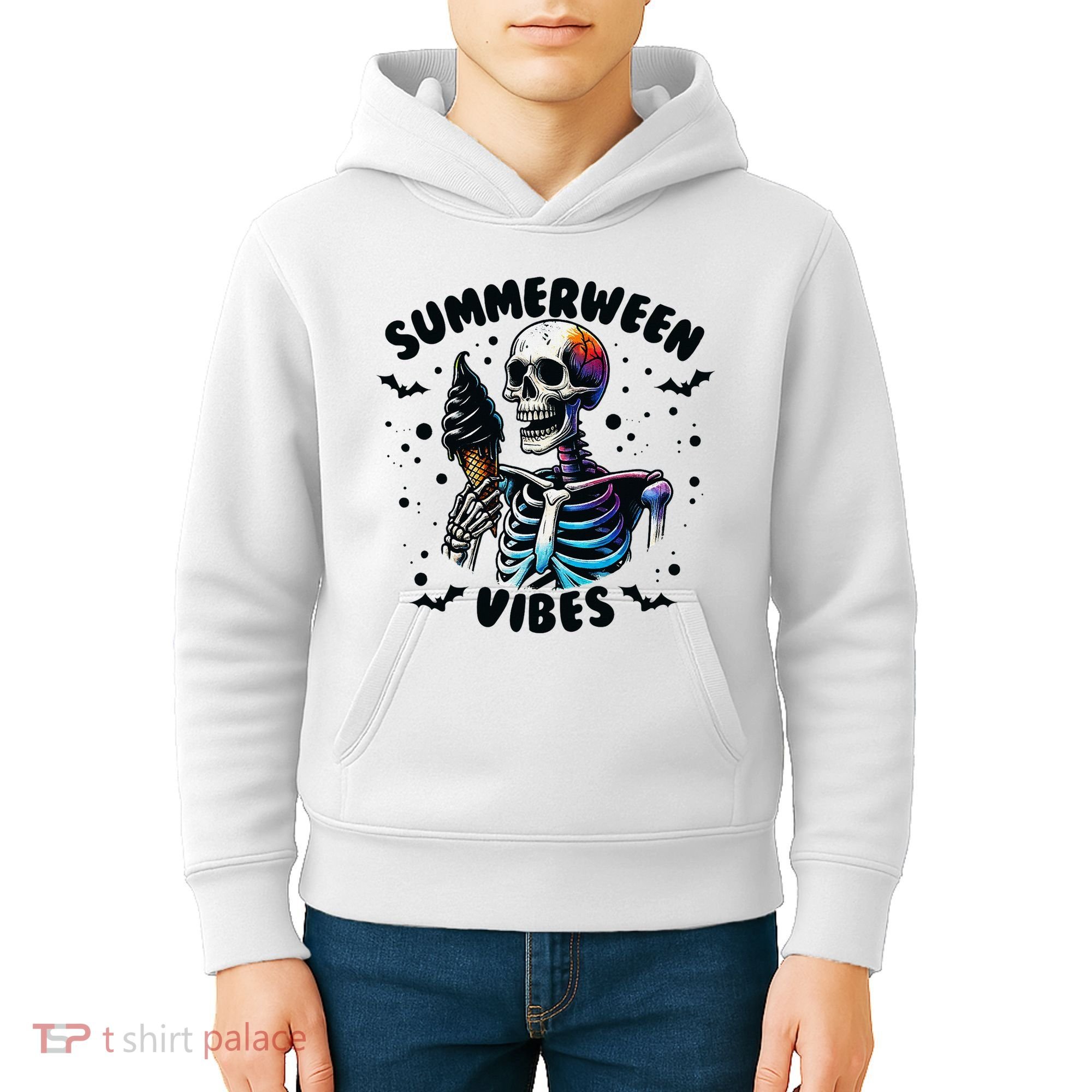 Summerween Magic Skeleton Enjoying Ice Cream Delight Kids Hoodie