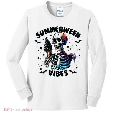Summerween Magic Skeleton Enjoying Ice Cream Delight Kids Long Sleeve Shirt