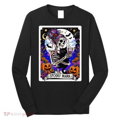 Spooky Mama Tarot Card Halloween Mom Skull Mama Black Cat Long Sleeve Shirt