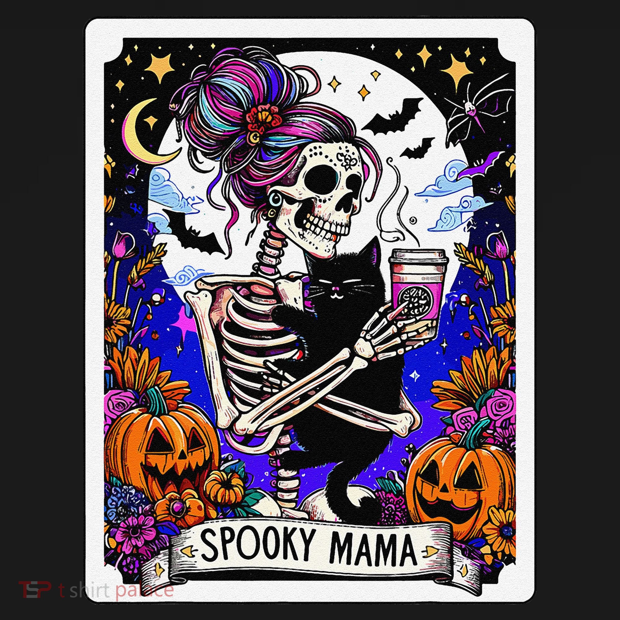 Spooky Mama Tarot Card Halloween Mom Skull Mama Black Cat Long Sleeve Shirt