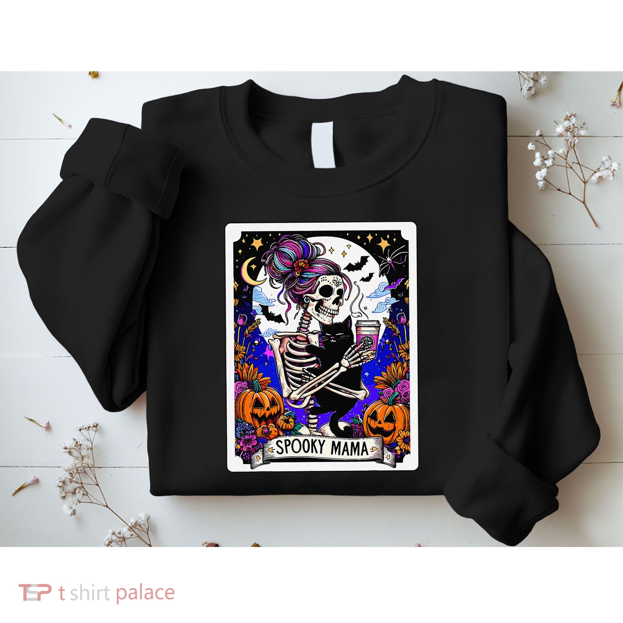 Spooky Mama Tarot Card Halloween Mom Skull Mama Black Cat Sweatshirt