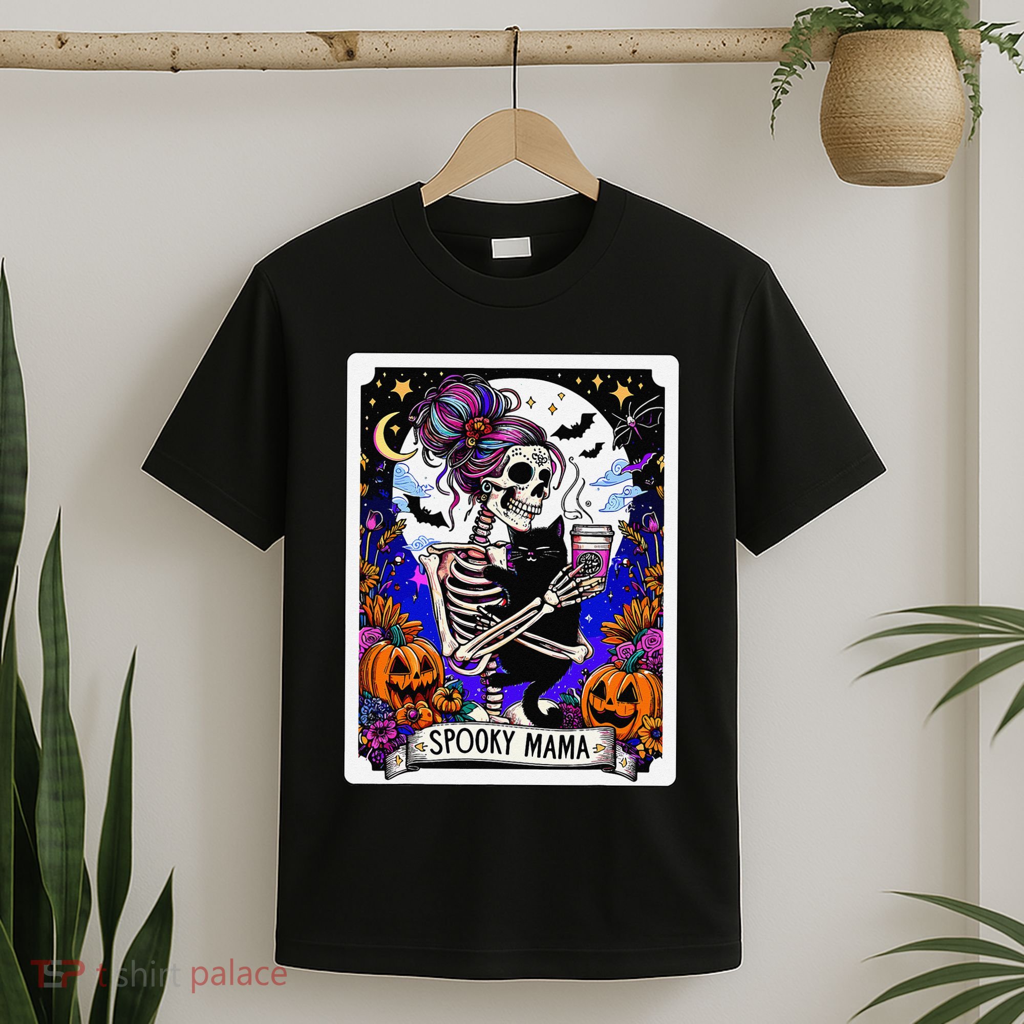 Spooky Mama Tarot Card Halloween Mom Skull Mama Black Cat T-Shirt