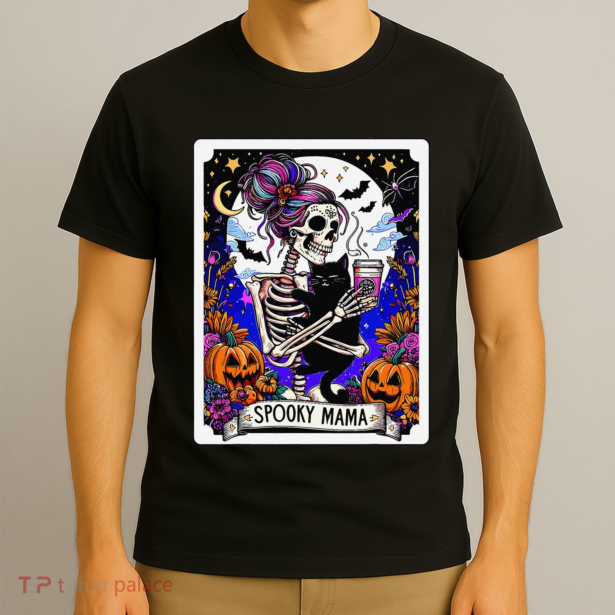 Spooky Mama Tarot Card Halloween Mom Skull Mama Black Cat T-Shirt
