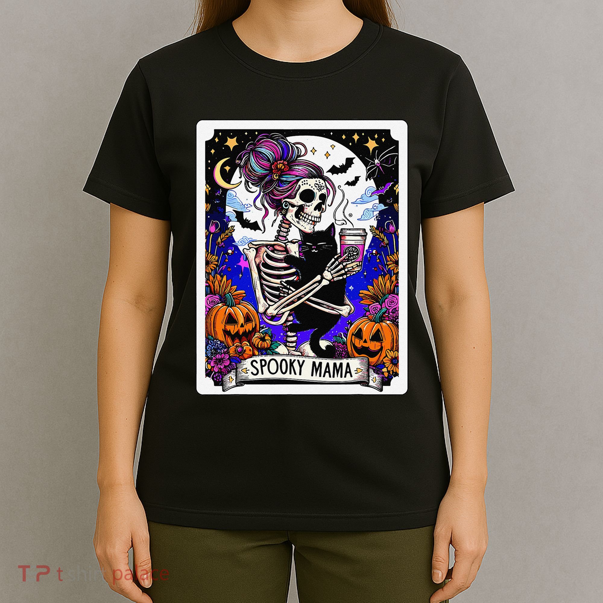 Spooky Mama Tarot Card Halloween Mom Skull Mama Black Cat T-Shirt