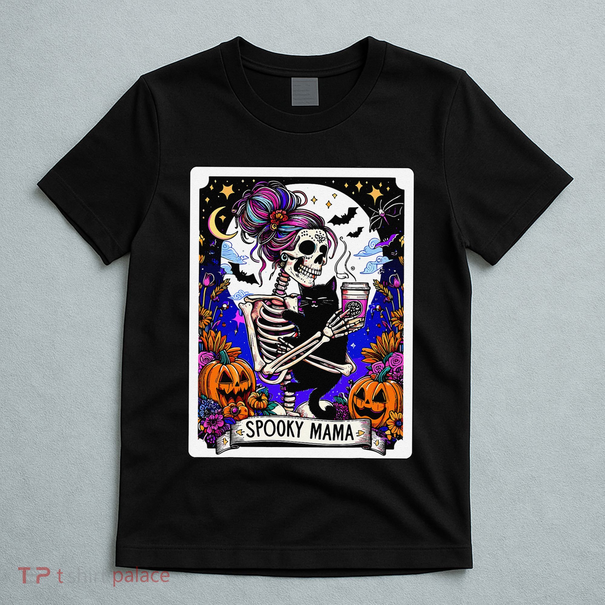Spooky Mama Tarot Card Halloween Mom Skull Mama Black Cat T-Shirt