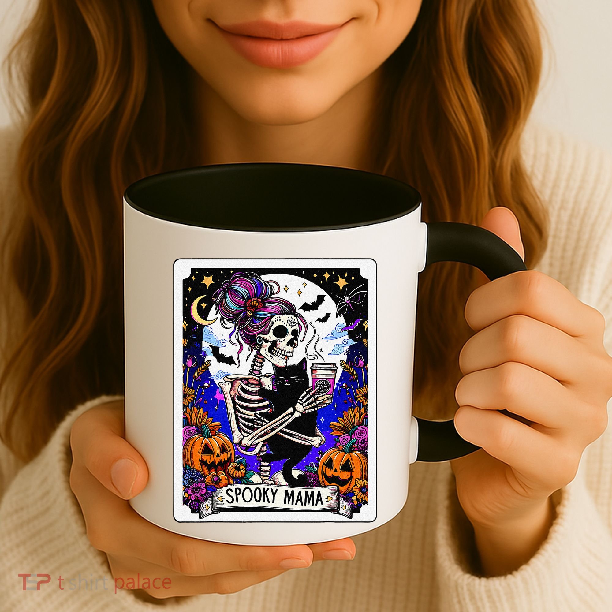 Spooky Mama Tarot Card Halloween Mom Skull Mama Black Cat Coffee Mug