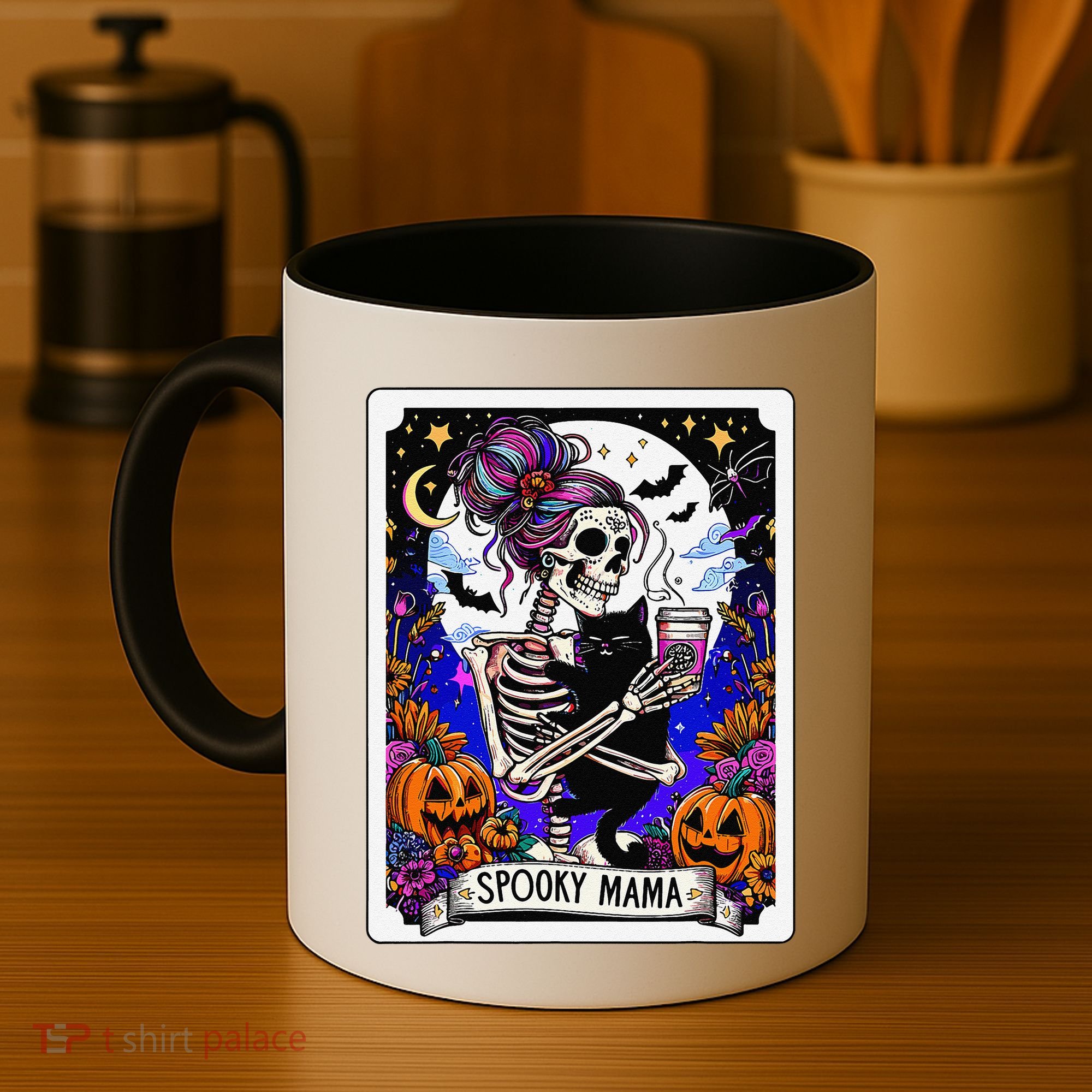 Spooky Mama Tarot Card Halloween Mom Skull Mama Black Cat Coffee Mug